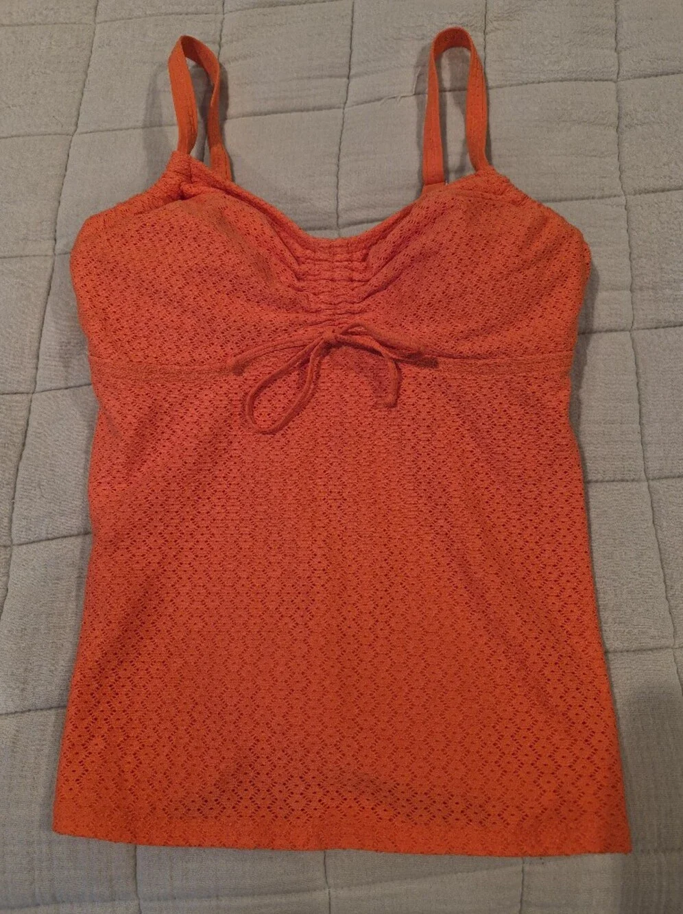 Lands End Swim Tankini Top Underwire Built in Bra Textured Ruched Orange 4 DD